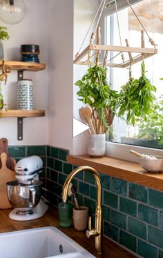 a kitchen with green tiled walls and wooden counter tops, hanging plants on the window sill