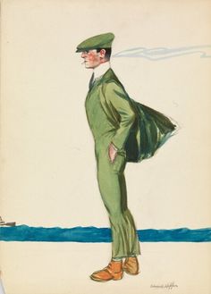 a painting of a man in green clothes and brown shoes, with his hand on his hip