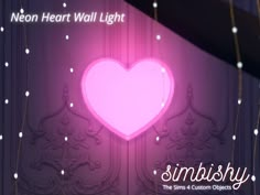 a pink heart hanging from the side of a wall with lights on it and text that reads neon heart wall light simlishy