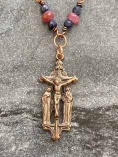 Virgin Mary Crucified Jesus and Saint John Necklace Solid bronze chain, wire, clasp and medal Sapphire and Ruby Gemstones *All bracelets and necklaces can be adjusted to any size.  Please send me a messages with your desired length. Wire Wrapped Crucifix Necklace For Gift, Adjustable Nickel-free Crucifix Necklace, Adjustable Crucifix Jewelry For Jewelry Making, Adjustable Crucifix For Jewelry Making, Crucified Jesus, Wire Clasp, Ruby And Sapphire, Rosary Bracelet, Saint John