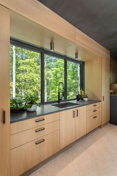 a kitchen with wooden cabinets and black counter tops next to a large window that looks out onto the woods