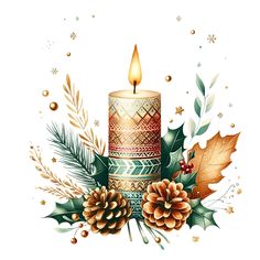 a lit candle surrounded by pine cones and evergreen leaves with snowflakes around it