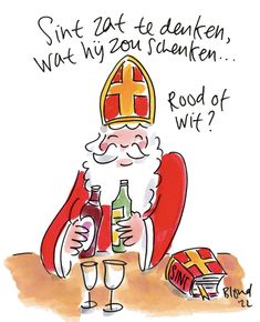 an image of a cartoon santa clause holding a beer and wine bottle with the caption saying,'sint zit te denken, wait my you schenen