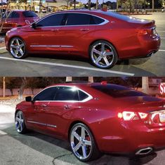 two pictures of a red car parked on the street