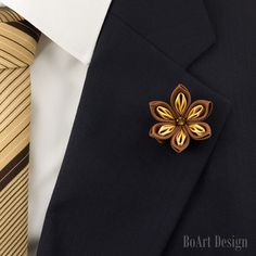 "Brown/Gold Kanzashi Flower Lapel Pin with 6mm Swarovski Smoked Topaz Crystal SIZE: 1.5\" Comes in a luxury Black box with Non-Tarnish Cotton. NOTE Please note, that items may not be as large as they appear! Because every item is handmade (each petal one by one), flower shape may slightly vary! While every effort is made to accurately represent the true colors of the ribbon/fabric used in my work, your monitor settings may affect the appearance of these colors on your screen!" Luxury Black Lapel Pin For Formal Occasions, Luxury Single-breasted Suit And Tie Accessories, Lapel Flower Wedding, Flower Lapel, Flower Lapel Pin, Topaz Crystal, Lapel Flower, Kanzashi Flowers, Flower Wedding