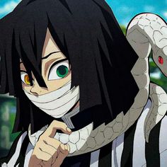 an anime character is holding a snake on his shoulder and wearing a bandage around his mouth