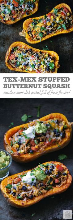 two pictures of stuffed butternut squash with different toppings