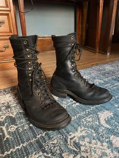 Nice solid pair of Hathorns, possibly from the 1980s.  Men's size 7D (roughly equivalent to women's size 9)  brass hardware, a bit of verdigris but might polish up nice if ya want.  condition:  Well used, but structurally sound and plenty of life in them yet. Nicks and scrapes but nothing that compromises the integrity of the leather or structure of the boot.  Stitching and adhesive is in good shape.  measurements:  outsole length is 11.5"  outsole width is 4.25" shaft height 9" Vintage Work Boots With Goodyear Welt Construction For Fall, Vintage Fall Work Boots With Moc Toe, Vintage Steel Toe Work Boots For Outdoor, Vintage Work Boots With Reinforced Toe, Mens Shoes Boots, Boots Men, Shoes Mens, Men's Shoes, Shoe Boots