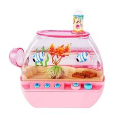 a pink toy fish tank filled with water and plants