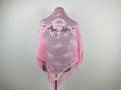 Vintage large shawl. Pink lace Evening Wrap. Dancing scarf. Excellent condition. Measurements: Long side 143.5 cm ( 56.5 in) without fringes. Short sides 111.5 cm ( 43.9 in) without fringes. Length of fringe 14 cm (5.5 in). ----------------------------------------- You can see more shawls and scarves here https://www.etsy.com/shop/StyleUkraine?section_id=26031939 You can see all our treasures https://www.etsy.com/shop/StyleUkraine You can ask me about the listings I glad to help you. Thank you for visiting. Spring Pashmina Shawl, One Size Lace Shawl, One Size Crochet Lace Shawl, Vintage Shawl, Evening Wrap, Evening Wraps, Vintage Shawls, Large Scarf, Pink Lace