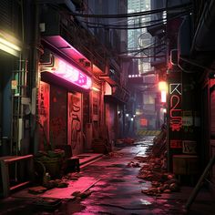 an alley way with neon lights and graffiti on the walls