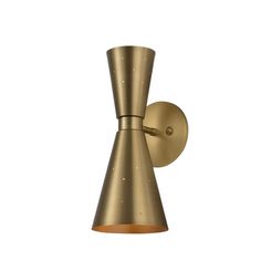 a brass colored wall light with a cone shaped shade on the side and a white background