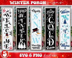 winter porch signs with snowman and christmas trees in the background, set of three