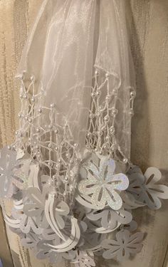 Bridal white yalikhta With flower and long sequins Silver Scarf, Wedding Scarf, Craft Decor, White Scarves, Handmade Gift Wrap, Sweet Table, Lace Ribbon, Cover Ups, Wedding Accessories