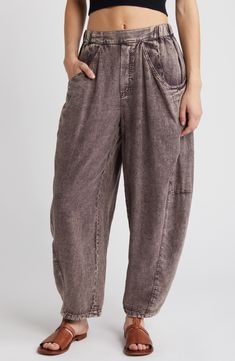 Free People High Road Pull-On Linen Blend Barrel Pants | Nordstrom Spring Linen Bottoms With Hip Pockets, Washed Cotton Cropped Leg Pants, Cropped Leg Washed Cotton Pants, Washed Cotton Pants With Cropped Legs, Washed Cotton Cropped Pants, Summer Washed Tapered Leg Bottoms, Washed Tapered Leg Bottoms For Spring, Linen Bottoms With Side Pockets For Fall, Spring Washed Tapered Leg Bottoms