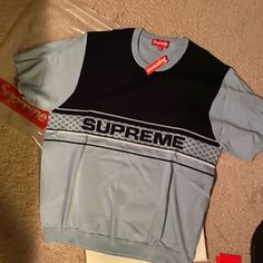 Nwt Sz M Release Date 04/2018 Sold Out Black Knit Tops For Streetwear, Black Jacquard Knit Crew Neck Top, Blue Jacquard Knit Tops, Casual Jacquard Knit Tops For Streetwear, Blue Short Sleeve Winter Sweater, Black Sporty Knit Sweater, Sporty Black Knit Sweater, Sporty Knit Black Sweater, Supreme Sweater