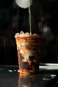 iced coffee being poured into a cup