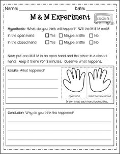 the printable worksheet for m & m's experiment with handprints