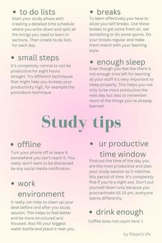 a pink and white poster with the words study tips on it's bottom corner