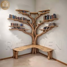 a wooden bench sitting under a tree shaped book shelf