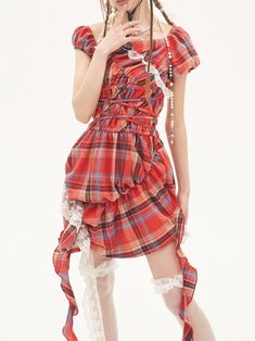 This price is for a dress only, others are not included.   	 		 			Size 			S 			M 		 		 			Full Length 			83 			86 		 		 			Bust 			84 			87 		 		 			Waist 			70 			73 		 		 			Shoulders 			38 			39 Fitted Off-shoulder Asymmetrical Dress With Ruffles, Fitted Asymmetrical Cotton Dress, Kid Core, Pattern Dress, Asymmetrical Design, A Dress, Red Plaid, Plaid Pattern, Dress Patterns