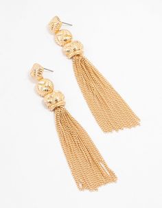 Make a bold statement with these stunning gold knit tassel drop earrings, embracing the tassel trend with bohemian flair and elegance. Ideal for elevating both your everyday outfits and occasion wear. Dimensions: Length 100 mm x Width 15 mm | Lovisa Gold Knit Tassel Drop Earrings Tassel Drop Earrings, Everyday Outfits, Occasion Wear, Tassels, Drop Earrings, Knitting, Gold, How To Wear