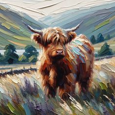 a painting of a brown cow standing in a field