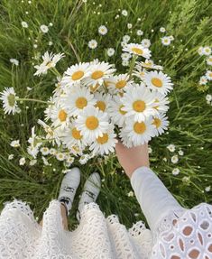 a person is holding daisies in their hand