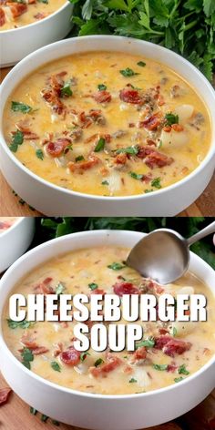 two pictures of cheeseburger soup in white bowls with spoons and parsley