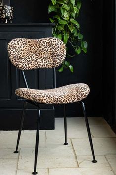 a leopard print chair sitting in front of a potted plant