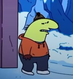 a cartoon character standing in the snow wearing an orange shirt and black pants with his mouth open