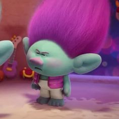 an animated character with pink hair and green eyes standing next to another character in a room