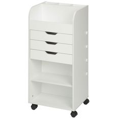 Honey-Can-Do CRT-06345 Rolling Craft Storage Cart, White. Keep your crafting materials organized with this convenient, rolling storage cart. Featuring three built-in storage drawers and four dowels for hanging ribbon, this storage center is ideal for storing crafting supplies or gift wrapping necessities. Also included are three storage shelves and three divided storage compartments for smaller items. Four wheels make this cart portable and allow you to craft from any room in the house! Honey-Ca Storage Cart With Drawers, Craft Storage Cart, Rangement Makeup, House Dimensions, Craft Cart, Storage Center, 3 Drawer Storage, Art Supplies Storage, Rolling Storage Cart