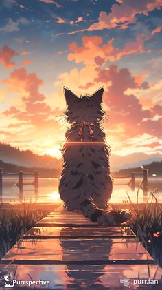 a cat sitting on top of a wooden bench in front of a sunset over water