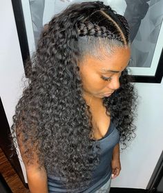 Long Sew In with Braids French Braid With Weave, 2 Cornrow Braids, Jerry Curl Hair, Curly Hair Sew In, Curly Sew In, Half Cornrows, Two French Braids, Cornrow Braids, Sew In Hairstyles