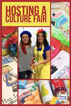 two women standing next to each other in front of a poster with the words hosting a culture fair