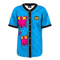 Blue Baseball Jersey With Sublimation Print For Streetwear, Casual Blue Baseball Jersey With Graphic Print, Blue Graphic Print Cotton Baseball Jersey, Blue Cotton Baseball Jersey With Graphic Print, Casual Blue Baseball Jersey For Streetwear, Blue Baseball Jersey With Collar For Streetwear, Blue Cotton Baseball Jersey For Streetwear, Blue Baseball Jersey With Graphic Print For Streetwear, Graphic Print Top With Baseball Collar For Streetwear