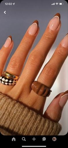 Nails And Rings, French Tip Manicure, Static Nails, White Tip Nails, Brown Nails Design, Short Fake Nails, October Nails, Cream Nails, Fall Acrylic Nails