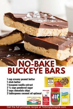 no bake buckeye bars are stacked on top of each other with chocolate and peanut butter