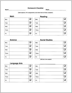 worksheet for homework checklist with the words and numbers in each section on it