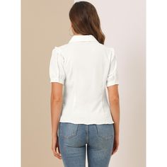 The beautiful and soft blouse adds a touch of elegant, feminine style to your wardrobe. It suits spring and summer and for many occasions, such as casual, work, office, meeting, dating, weekend, leisure, and daily wear. Pair this doll-collar shirt with the high-waist jeans and sneakers for your casual-chic look, or wear it with a pencil skirt and high heels for sophistication and elegance. White Solid Color Blouse For Work, Fitted Short Sleeve Blouse In Solid Color, White Tops For Office, White Solid Color Top For Office, Versatile Blouse For Office Wear, White Solid Color Office Tops, Elegant Solid Color Shirt For Spring, Feminine Short Sleeve Solid Color Blouse, Trendy Solid Color Office Shirt