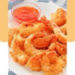 fried food on a plate with dipping sauce in the middle and an image of shrimp rings