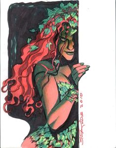 a drawing of a woman with long red hair and green leaves on her head, dressed as a mermaid