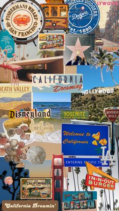 a collage of various signs and buildings in different locations around the world, including california