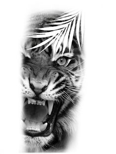 a black and white photo of a tiger's face with it's mouth open