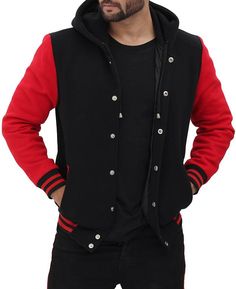 Men's Hooded Black and Red Varsity Jacket
Try this astonishing Red and Black Varsity Jacket With Hood for your casual use. It has a slim cut style, rib-knit collar, cuffs and hems, and central button closure. Its big hood will keep you warm in winter and enhance the appealing appearance. Impeccable quality and modern style varsity jacket is only one click away from you. Get yours today. Black Letterman Jacket, Mens Hooded, Style Varsity Jacket, Black Varsity Jacket, School Jacket, High School Fashion, Varsity Letterman Jackets, Letterman Jacket, Jacket With Hood