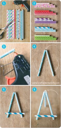 the steps to make an origami triangle out of paper straws and colored pencils