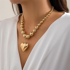 Women's GOLD heart beaded Chunky Choker Necklace Large GOLD Bead With Gold Heart  | eBay Large Gold Ball Necklace, Beads Choker Necklace, Chunky Choker Necklace, Chunky Choker, Beads Choker, Picture Necklace, Heart Shape Pendant, Beaded Choker Necklace, Necklace Women