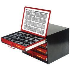 a red and black tool box filled with assorted tools on top of a white background