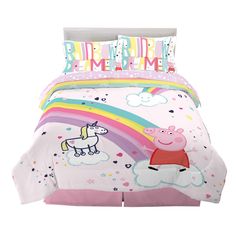 peppa pig bed in a bag with rainbow and clouds on it, full size